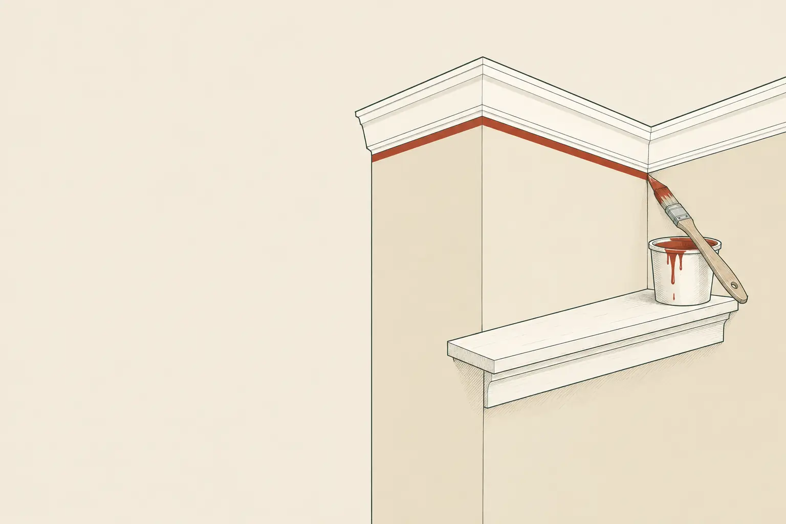 Drawing of a room's upper corner: the cream wall colour stops in one straight line under the white crown moulding, with a brick-red stripe being cut in along it and an angled brush on a paint cup.