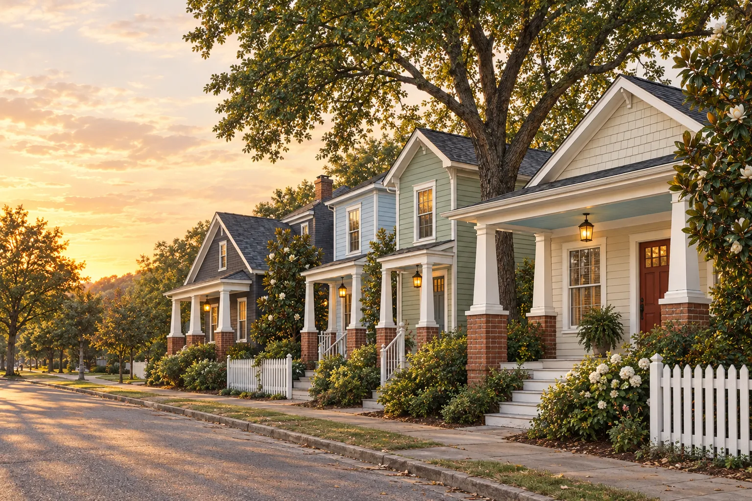 Example image, not one of our jobs: a Nashville street of freshly painted porch houses at golden hour in cream, sage, pale blue and charcoal, with a brick-red door and the porch lights on.