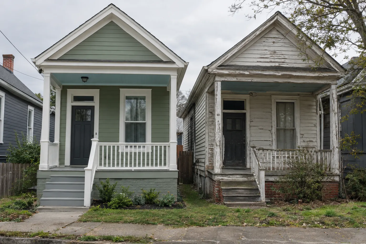 Example image, not one of our jobs: a shotgun house freshly painted sage green with white trim, next to an identical house with peeling, weathered paint.
