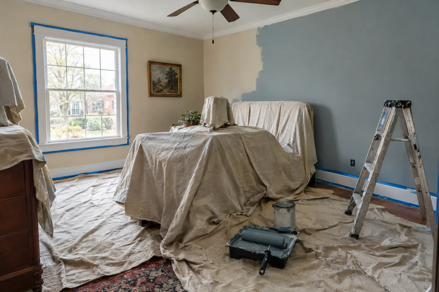 Example image, not one of our jobs: a bedroom mid-repaint, furniture under drop cloths, blue tape on the trim, half the wall rolled in a new blue-grey, a roller tray and stepladder.