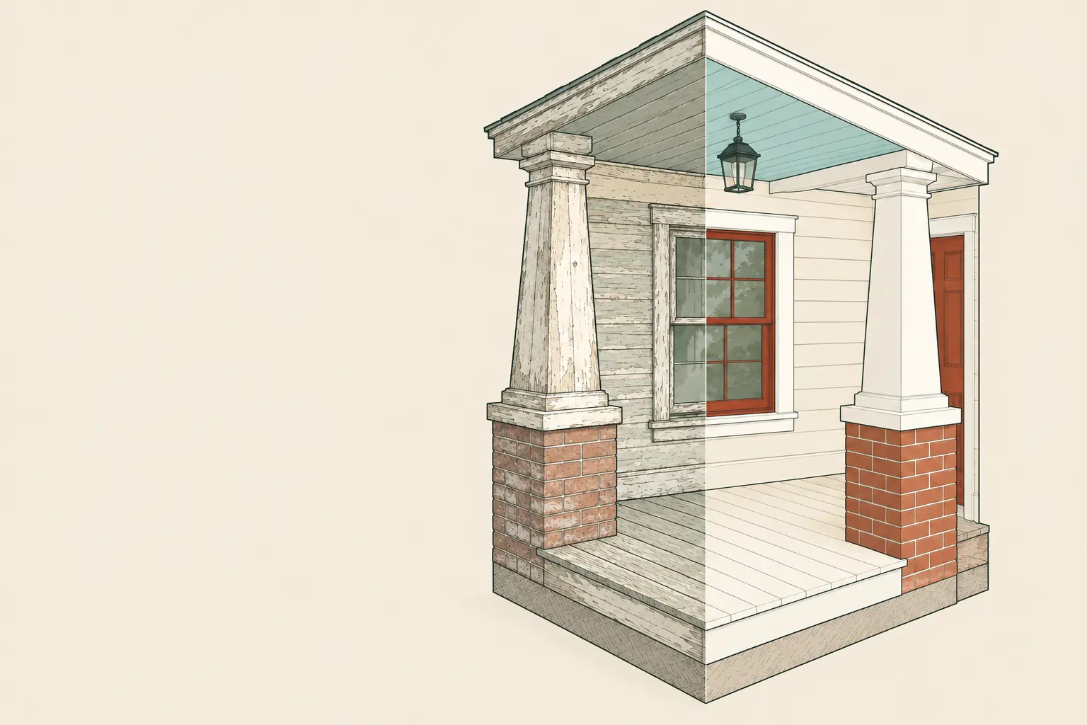 Drawing of a Nashville craftsman porch corner split down the middle: on the left, weathered siding, peeling trim and a dull brick pier; on the right, the same porch freshly painted in cream with white trim, a pale blue porch ceiling and a brick-red window sash and door.