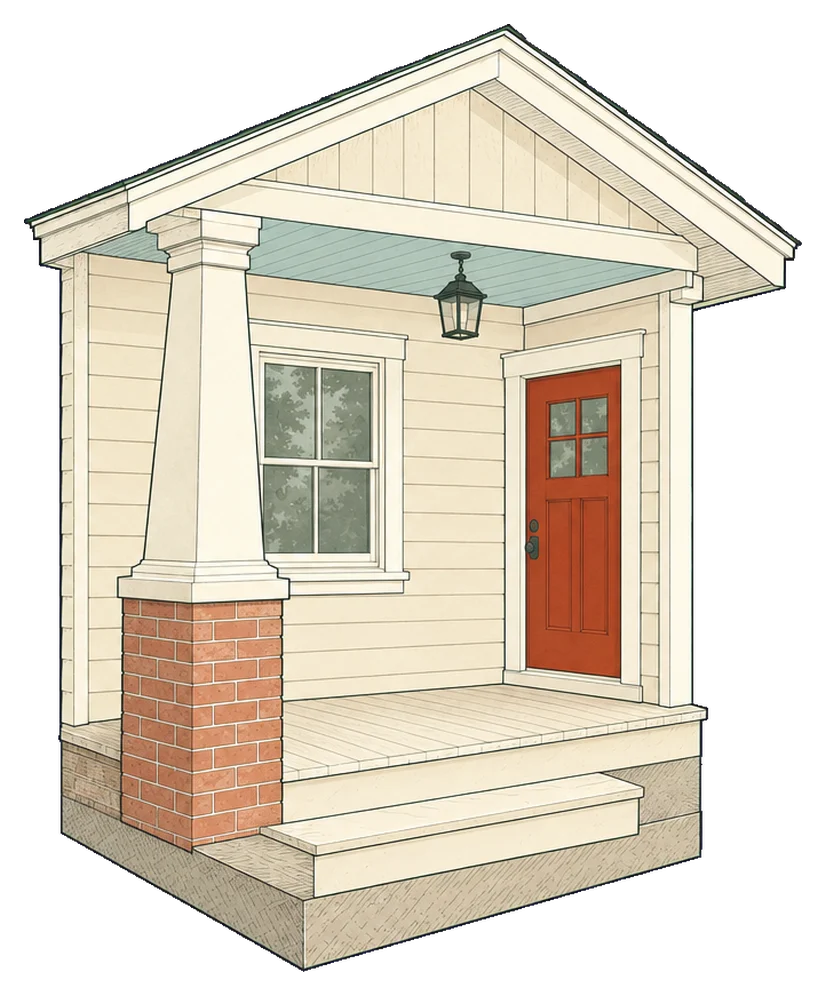 Drawing of a small craftsman bungalow front with cream siding, white trim, a pale blue porch ceiling, a lantern and a brick-red front door.