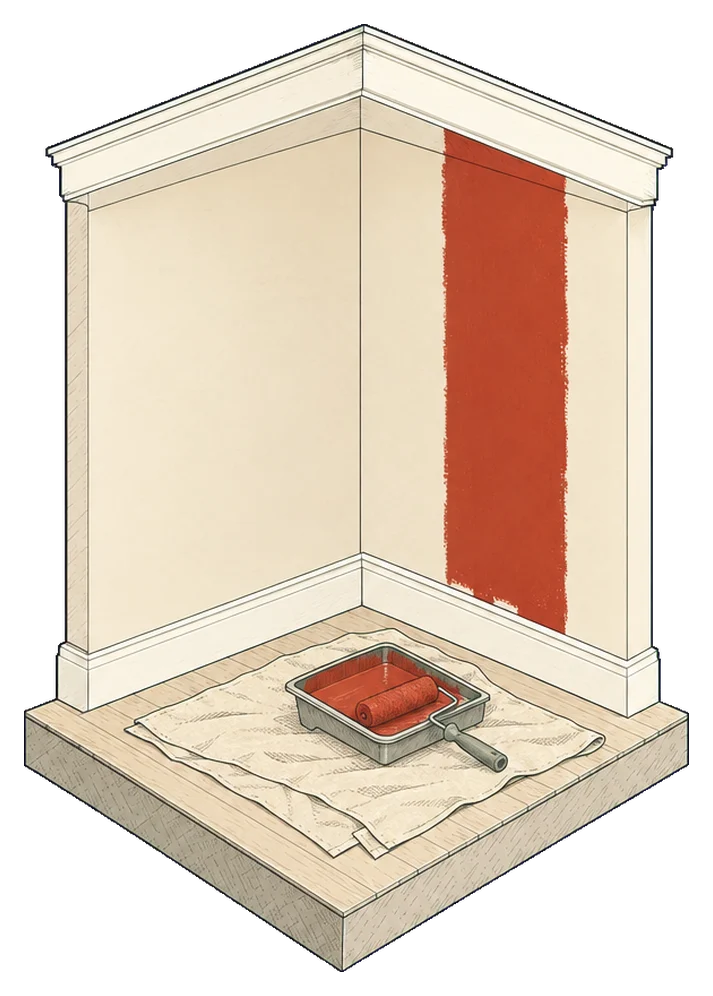 Drawing of a room corner with crown moulding and baseboard, a fresh brick-red stripe rolled on the wall and a roller in its tray on a drop cloth.